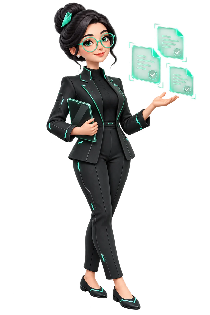 Gizike, the high-tech secretary: black suit, mint-rimmed glasses, approved documents floating above her hand.